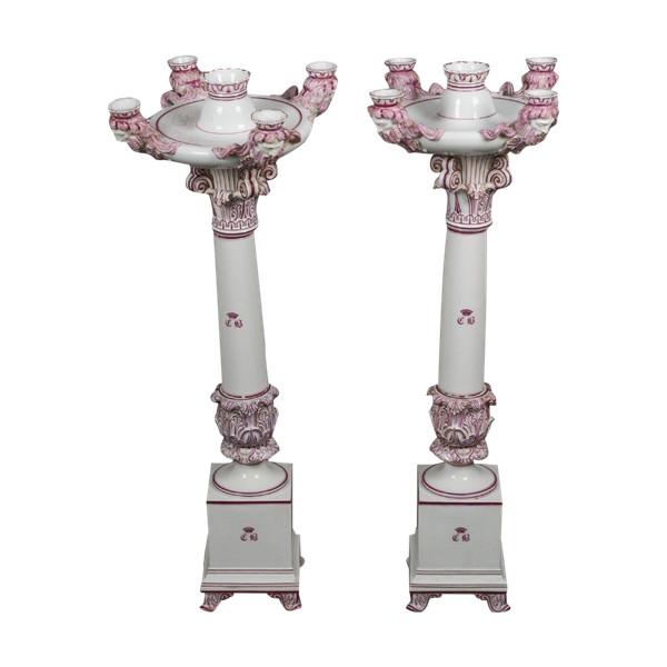 Pair of Jacob Petit Rihouet 5-light candelabra with caryatid decor