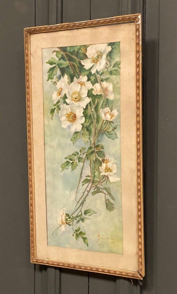 Watercolor on paper still life bouquet of flowers by J. Crédey 20th century