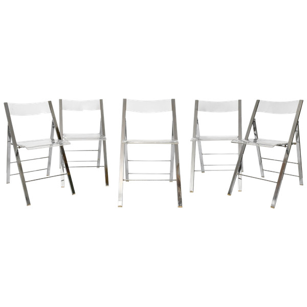 Suite of 5 folding chairs from the 1970s in chromed metal and Plexiglas