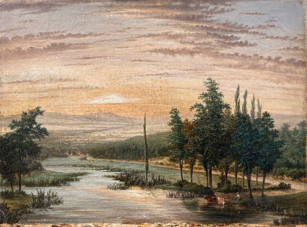 Oil on canvas 19th century river landscape frame with palmettes and flutes