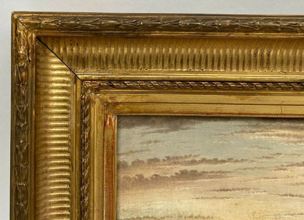 Oil on canvas 19th century river landscape frame with palmettes and flutes