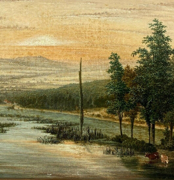 Oil on canvas 19th century river landscape frame with palmettes and flutes