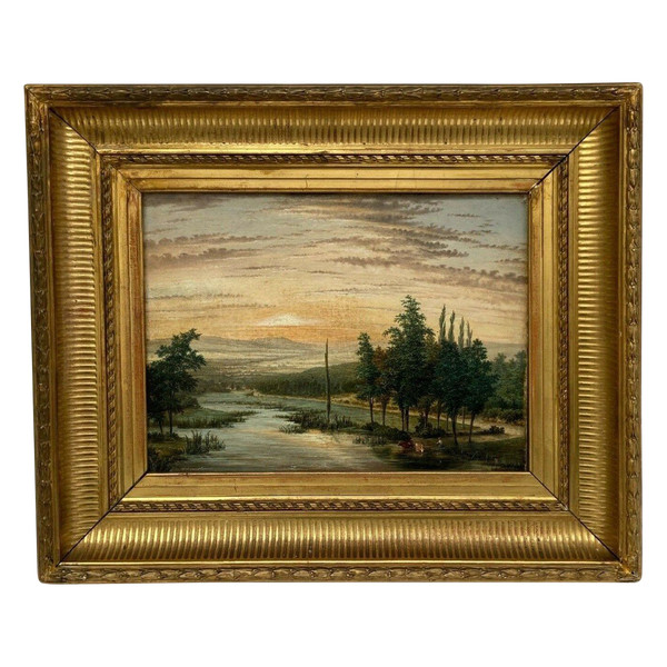 Oil on canvas 19th century river landscape frame with palmettes and flutes