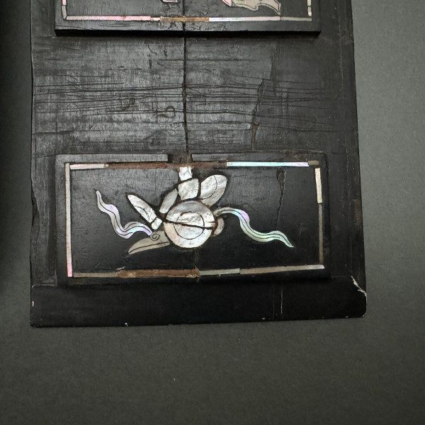 Pair of China panels in blackened wood inlaid with mother-of-pearl