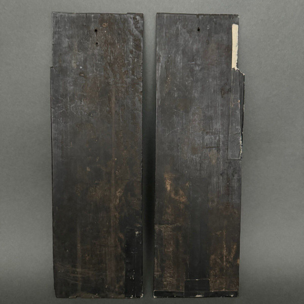 Pair of China panels in blackened wood inlaid with mother-of-pearl