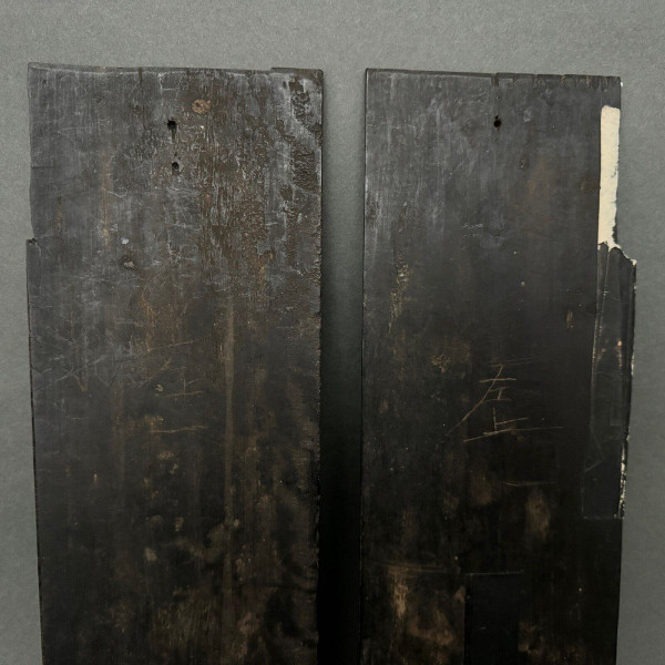 Pair of China panels in blackened wood inlaid with mother-of-pearl