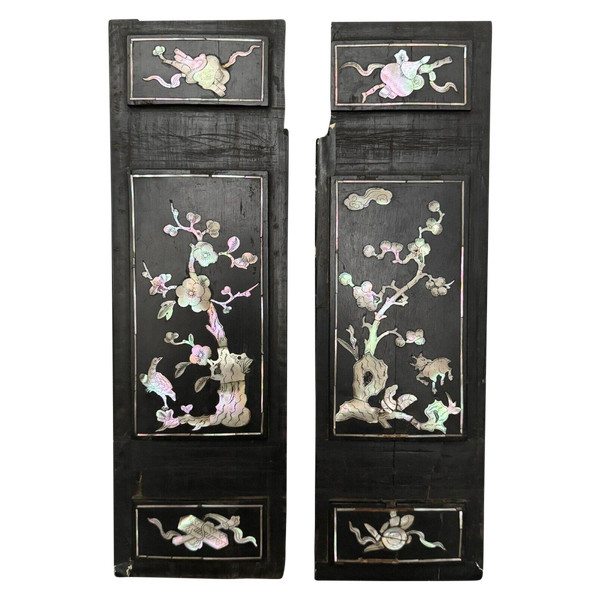 Pair of China panels in blackened wood inlaid with mother-of-pearl