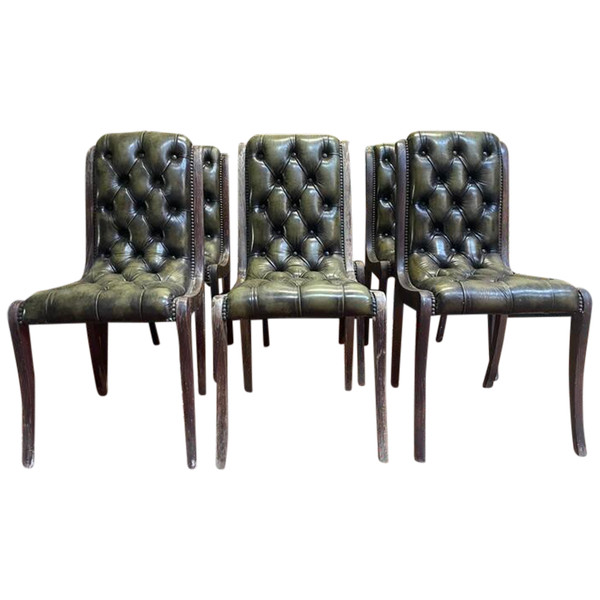 Set of 6 English Chesterfield leather chairs