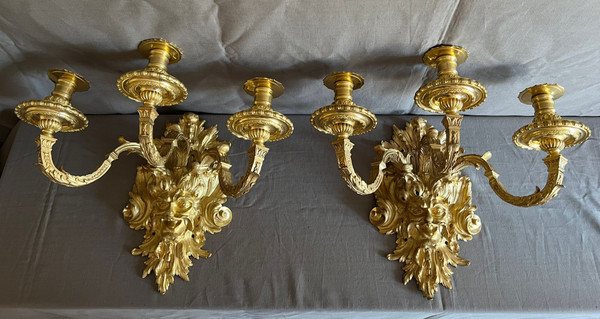 Pair of Gilded Bronze Wall Lights, Louis XIV Style, Mid-19th Century