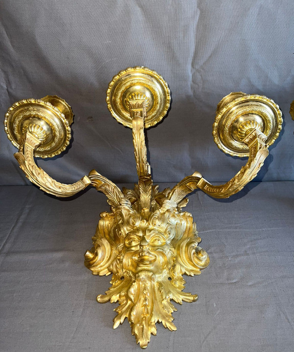 Pair of Gilded Bronze Wall Lights, Louis XIV Style, Mid-19th Century