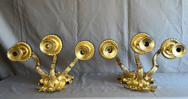 Pair of Gilded Bronze Wall Lights, Louis XIV Style, Mid-19th Century