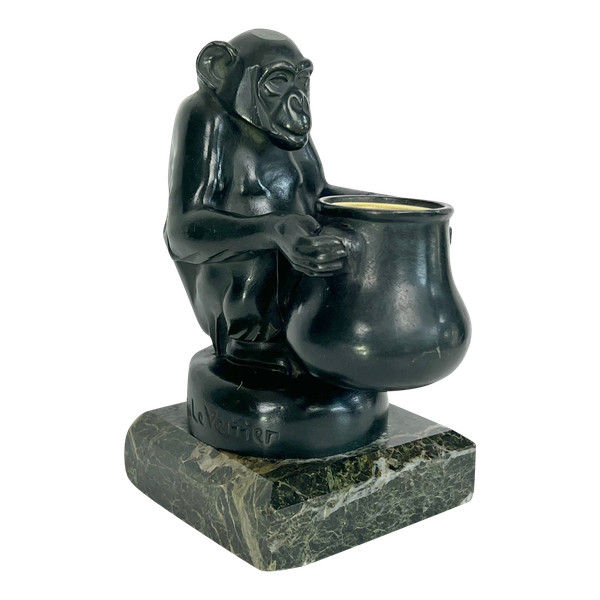 MAX LE VERRIER ( 1891-1973 ) MONKEY PENCIL HOLDER SIGNED IN METAL WITH GREEN PATINA