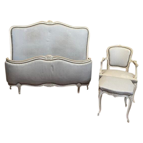 Louis XV style basket bed and its painted Louis XV armchair