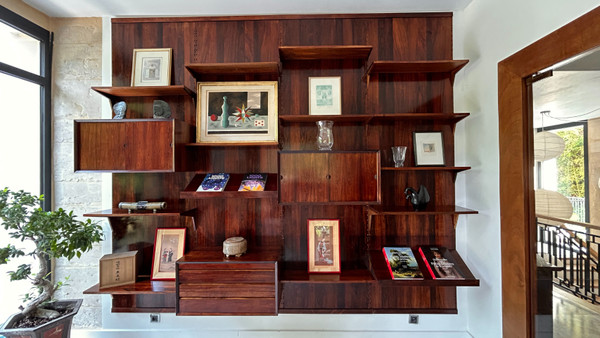 Scandinavian modular wall shelf in rosewood, Poul Cadovius, 60s