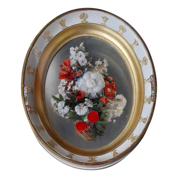 Rare Tableau bouquet de fleurs  par un plumassier 19e siecle