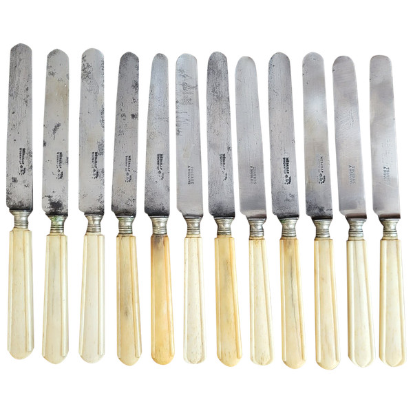 12 knives with steel blades and ivory handles, 19th century