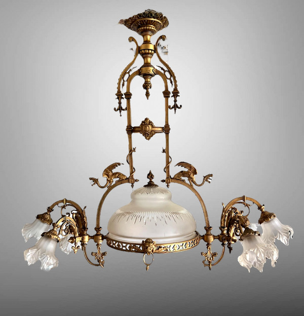 LARGE 8-LIGHT BRONZE CHANDELIER WITH DRAGON DECOR WITH ORIGINAL GLASSWARE