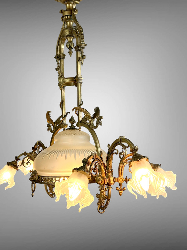 LARGE 8-LIGHT BRONZE CHANDELIER WITH DRAGON DECOR WITH ORIGINAL GLASSWARE