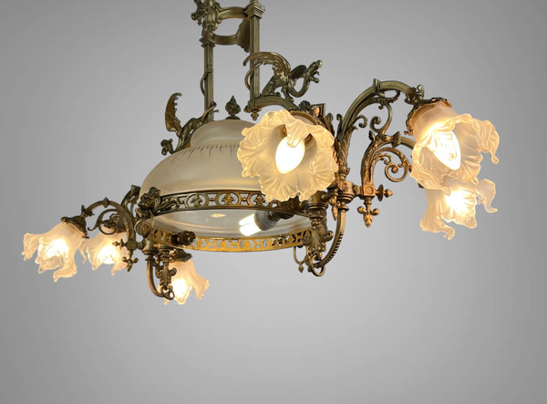 LARGE 8-LIGHT BRONZE CHANDELIER WITH DRAGON DECOR WITH ORIGINAL GLASSWARE