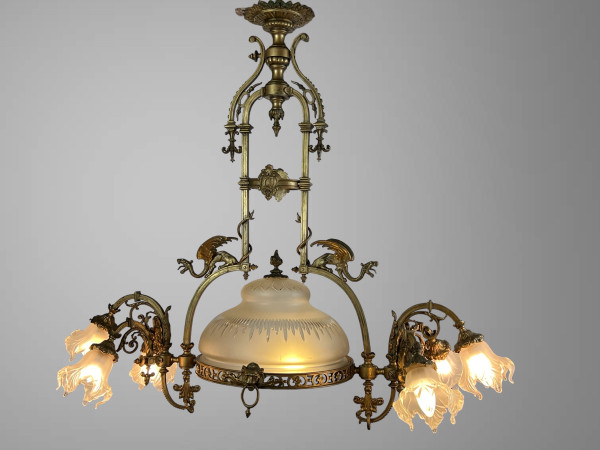 LARGE 8-LIGHT BRONZE CHANDELIER WITH DRAGON DECOR WITH ORIGINAL GLASSWARE