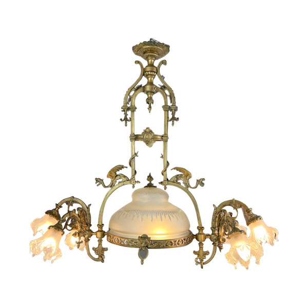 LARGE 8-LIGHT BRONZE CHANDELIER WITH DRAGON DECOR WITH ORIGINAL GLASSWARE