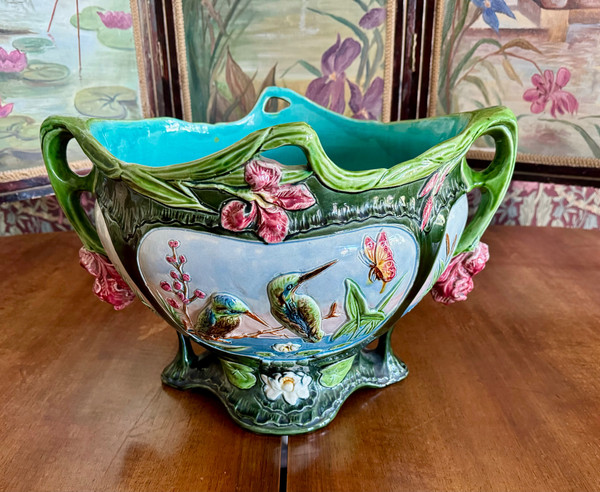 Magnifique Cache Pot en Barbotine Art Nouveau 