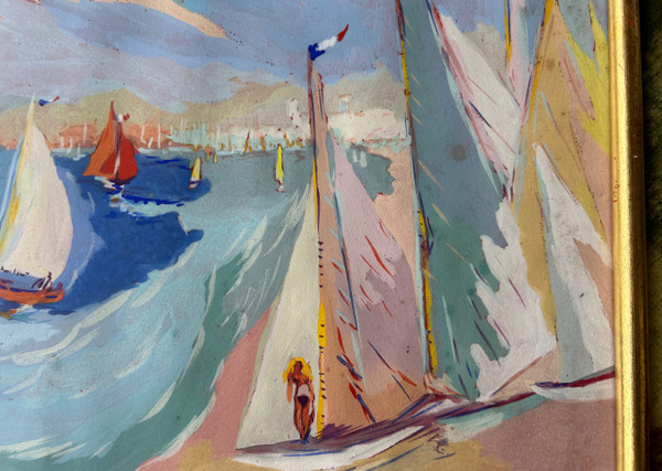 Louis André Cabane (xxéme) Huile Sur Papier - Scène De Plage Vers 1930