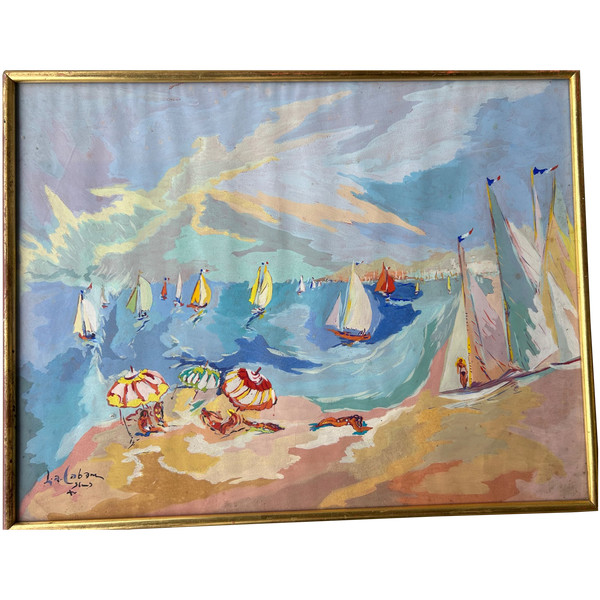 Louis André Cabane (xxéme) Huile Sur Papier - Scène De Plage Vers 1930