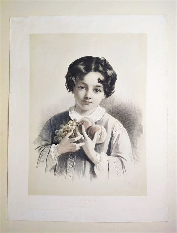 Portrait Of A Boy Or Allegory Of Autumn By Emile Lassalle 19th Century Lithograph Old Print