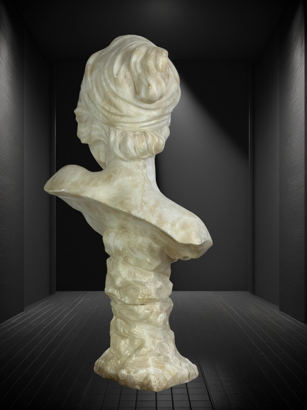 LARGE BUST OF A YOUNG GIRL SIGNED AND NUMBERED "GEORGES MORIN" IN ALABASTER