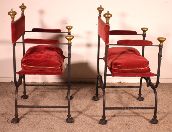 Pair Of Wrought Iron And Bronze Curule Armchairs