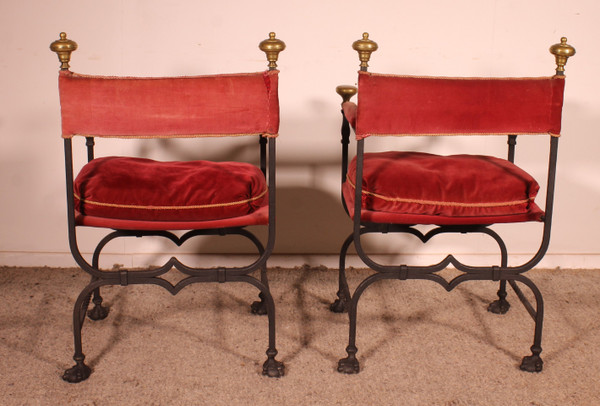 Pair Of Wrought Iron And Bronze Curule Armchairs