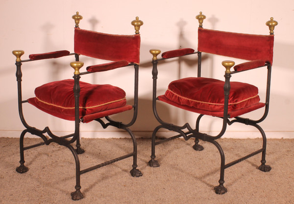 Pair Of Wrought Iron And Bronze Curule Armchairs