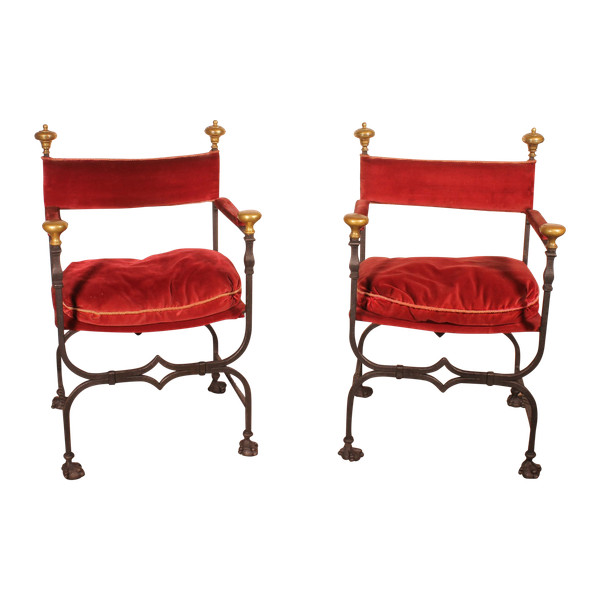 Pair Of Wrought Iron And Bronze Curule Armchairs