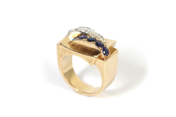 Panzerring Saphir-Diamanten in 18k Gold, Saphire und Diamanten, Retro-Ring, Panzerschmuck, alter Schmuck