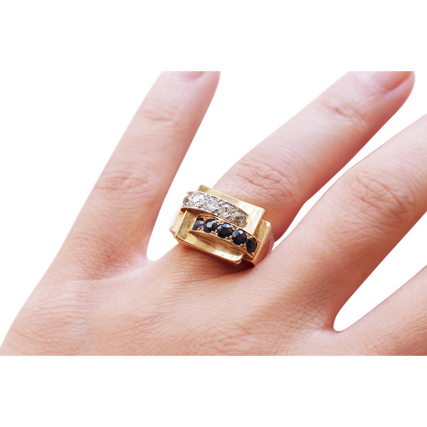 Panzerring Saphir-Diamanten in 18k Gold, Saphire und Diamanten, Retro-Ring, Panzerschmuck, alter Schmuck