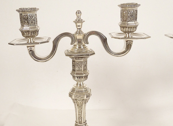 Pair of 2-light candelabra Louis XIV Christofle Dupérier Silver-plated metal 20th century