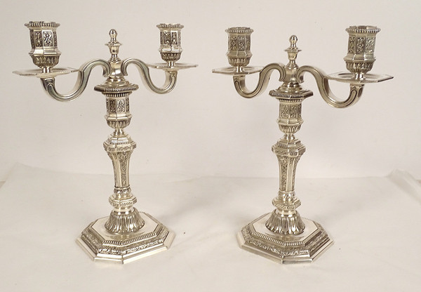 Pair of 2-light candelabra Louis XIV Christofle Dupérier Silver-plated metal 20th century