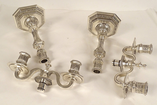 Pair of 2-light candelabra Louis XIV Christofle Dupérier Silver-plated metal 20th century