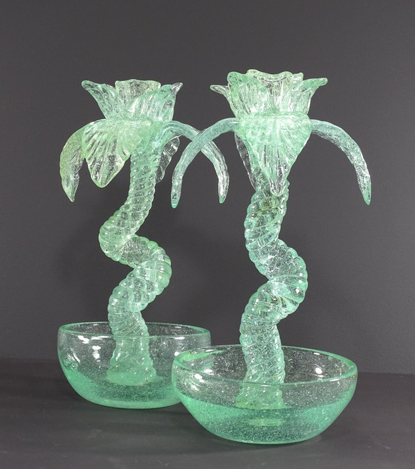 Biot (alpes-maritimes), Années 1960/1970, Paire De Bougeoirs En Verre Soufflé "Palmiers".