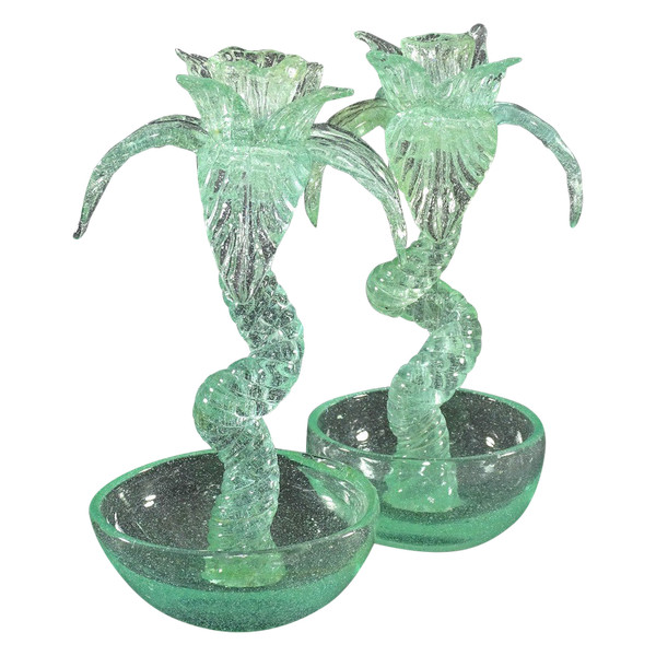 Biot (alpes-maritimes), Années 1960/1970, Paire De Bougeoirs En Verre Soufflé "Palmiers".