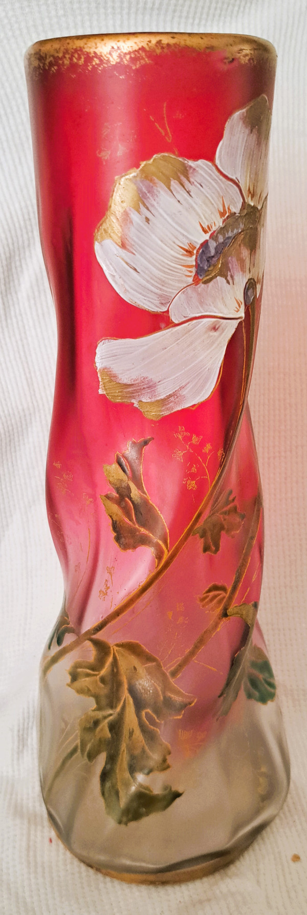 Vase François-Théodore Legras aus emailliertem, gedrehtem Glas mit Blumendekor Anfang des 20.