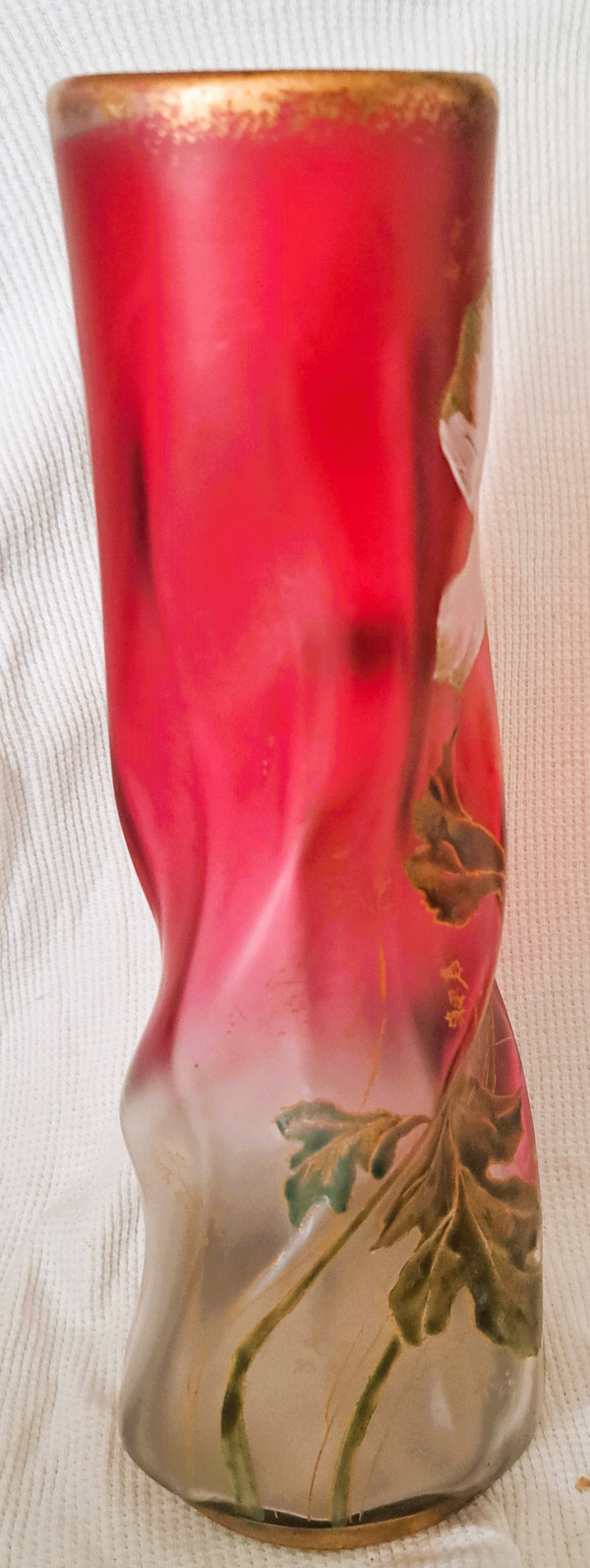 Vase François-Théodore Legras aus emailliertem, gedrehtem Glas mit Blumendekor Anfang des 20.