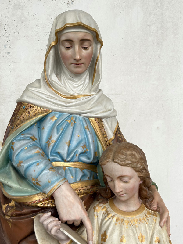 St. Anne Die Erziehung Der Jungfrau Maria - Große Skulptur Aus Terrakotta Polychrom H 120