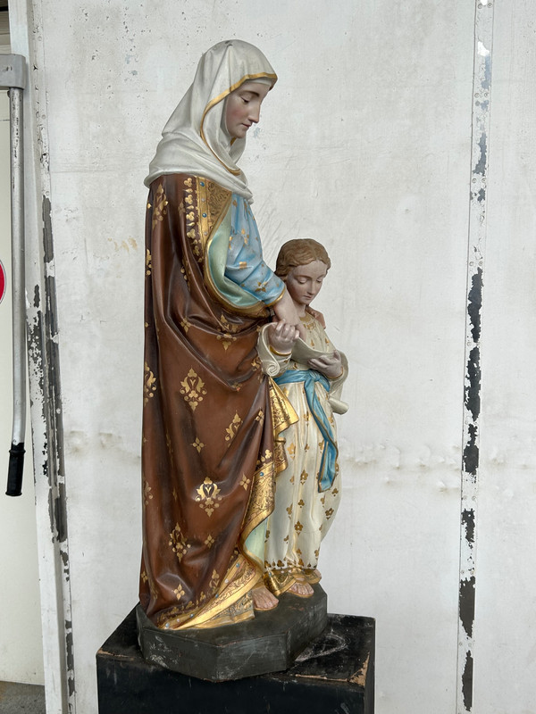 St. Anne Die Erziehung Der Jungfrau Maria - Große Skulptur Aus Terrakotta Polychrom H 120