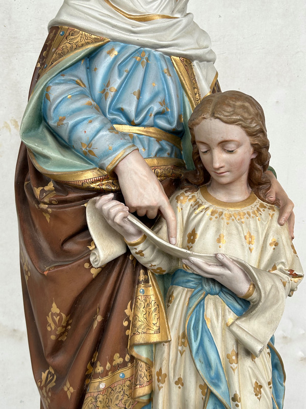 St. Anne Die Erziehung Der Jungfrau Maria - Große Skulptur Aus Terrakotta Polychrom H 120