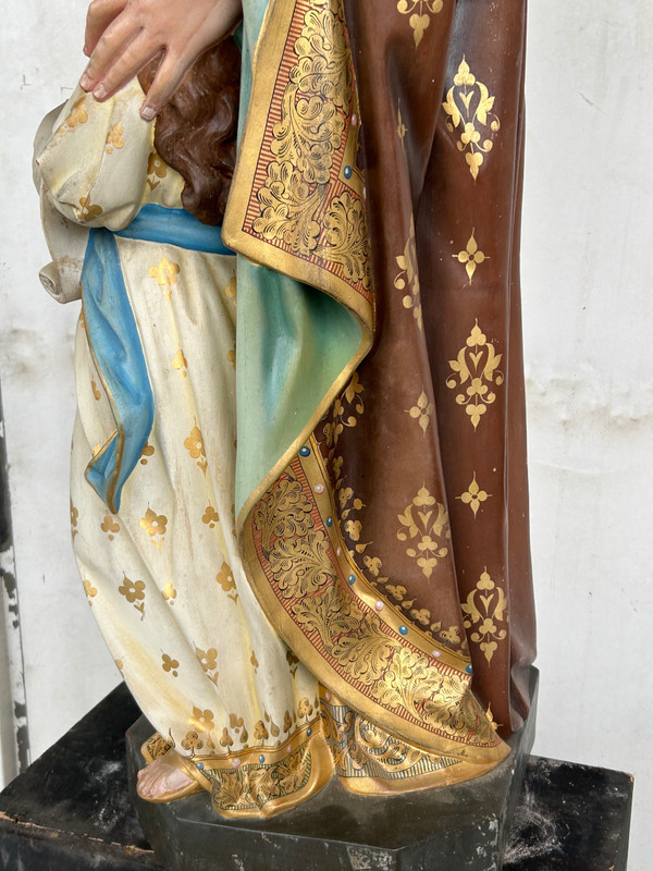 St. Anne Die Erziehung Der Jungfrau Maria - Große Skulptur Aus Terrakotta Polychrom H 120