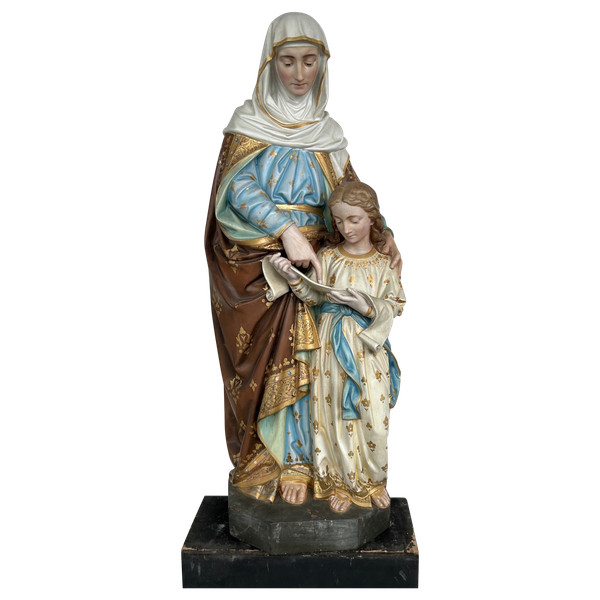 St. Anne Die Erziehung Der Jungfrau Maria - Große Skulptur Aus Terrakotta Polychrom H 120