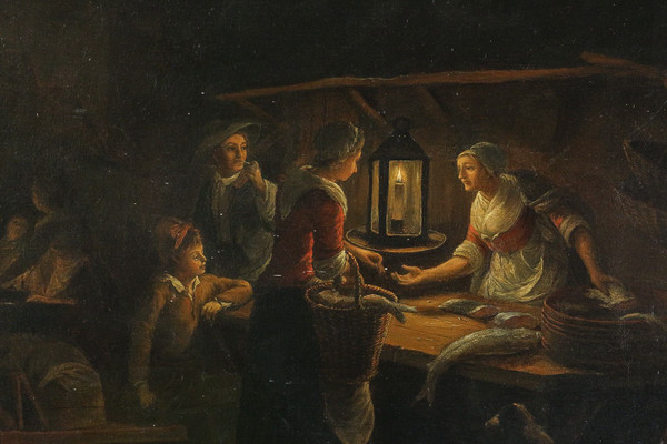 Petrus Van Schendel Oil on Canvas The Avond Market Fishs, Circa 1840-1850