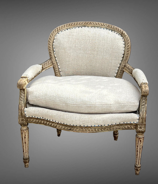 ANCIENT LOUIS XVI STYLE CHILD'S ARMCHAIR IN PATINATED WOOD, MADE NEW